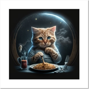 Funny and Cute Cat Eating Spaghetti at the Table Posters and Art
